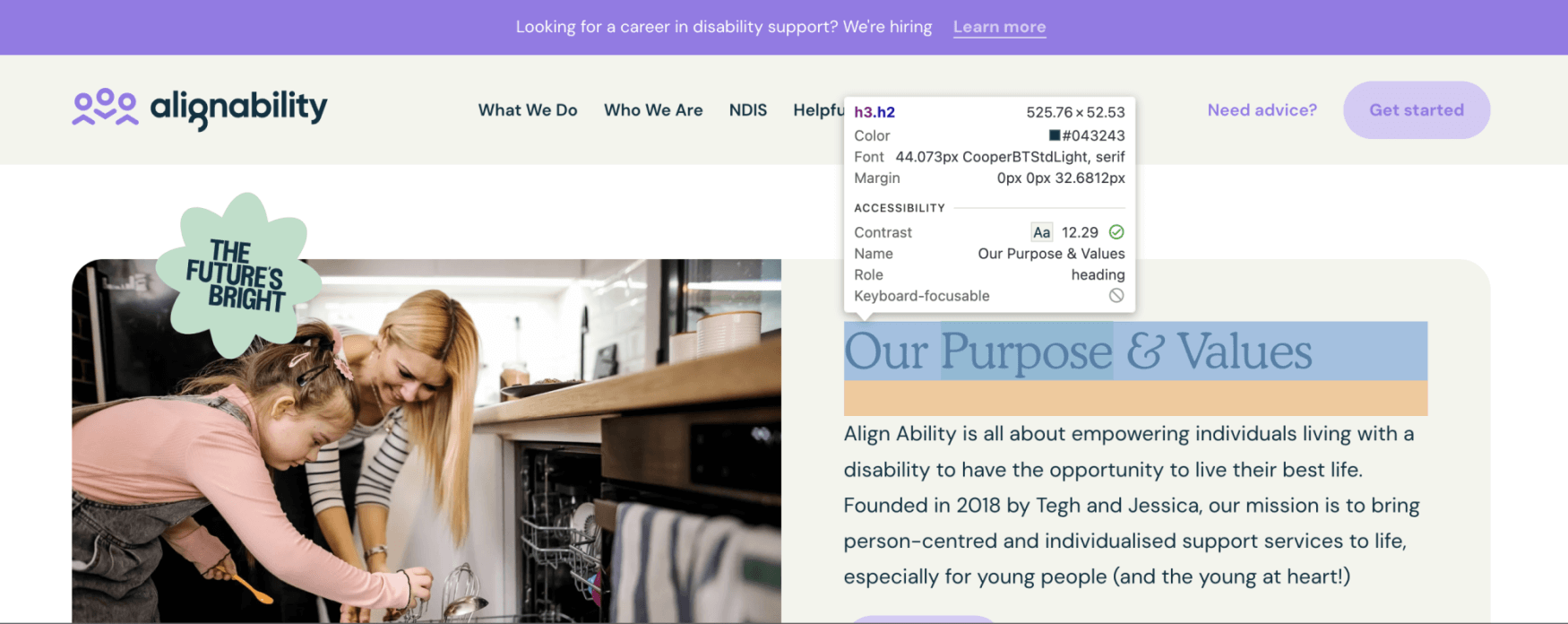 Image: For example the multi award winning website we built for AlignAbility. The headings are a color contrast of 12:29, well and truely meeting the WGAC’s AA guide of 3:1.