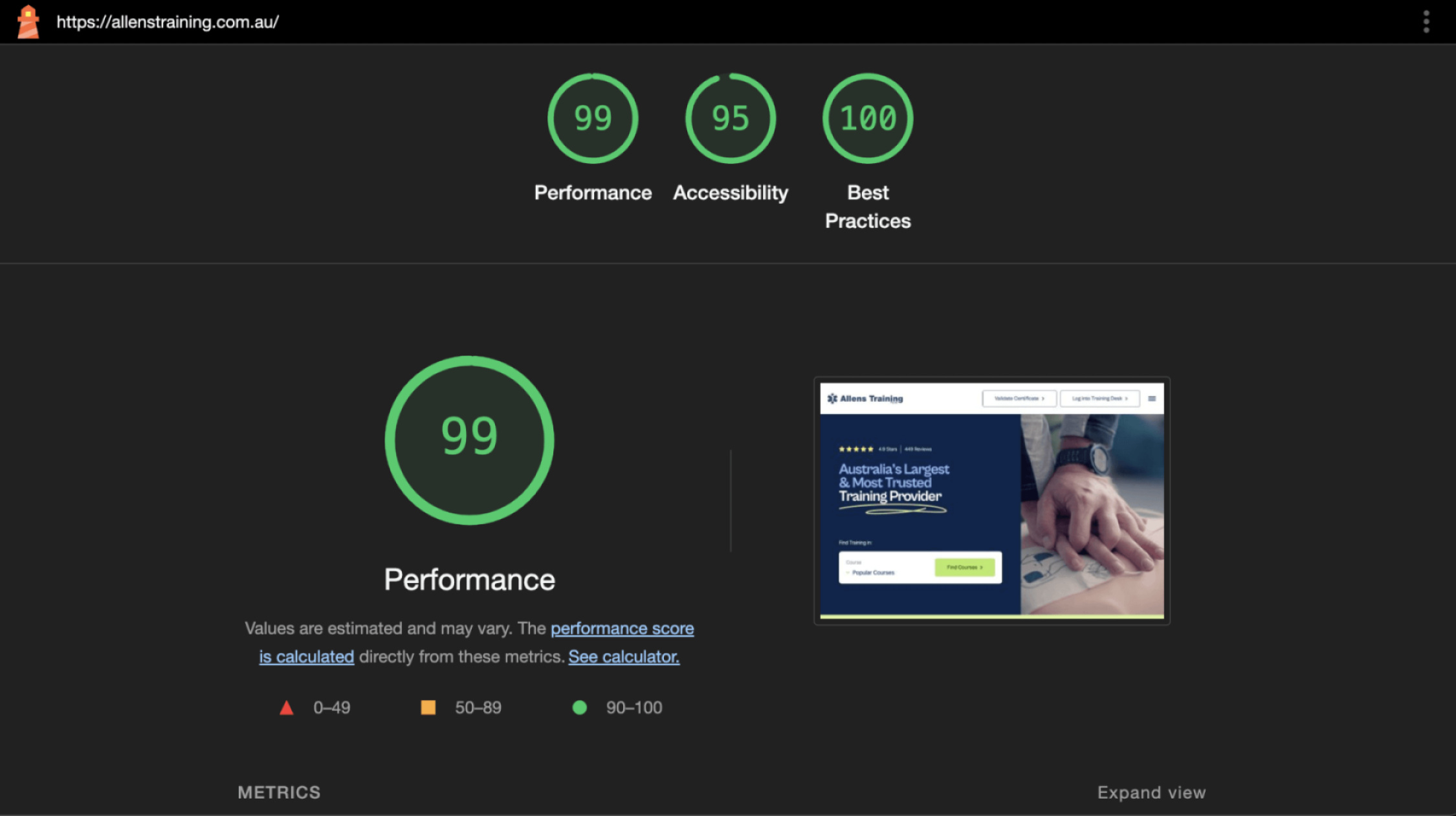 Image: The website we recently built for Allen’s Training scored top performance and accessibility scores in lighthouse testing